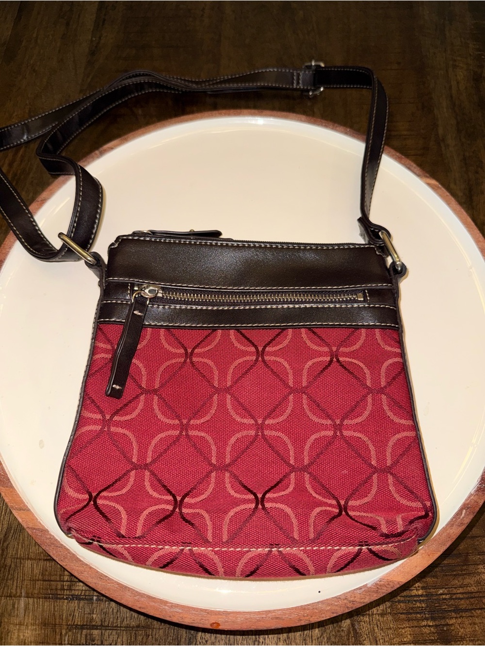 Nine West Red Patterned Crossbody with Brown Trim and Adjustable Strap